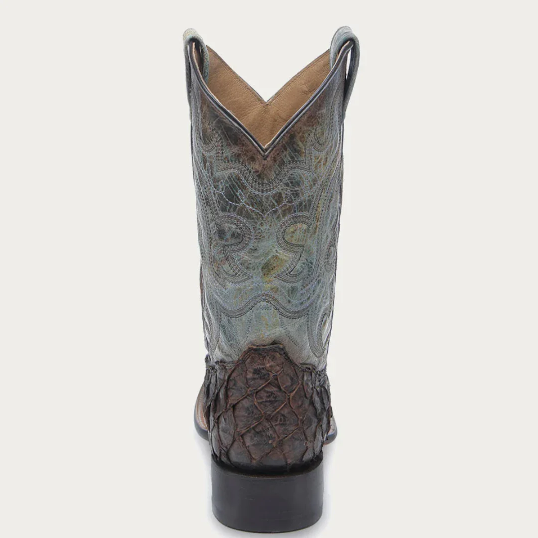 Corral Men's Tobacco Fish Pirarucu Faded Turquoise Wide Square Toe Cowboy Boot - Image 3