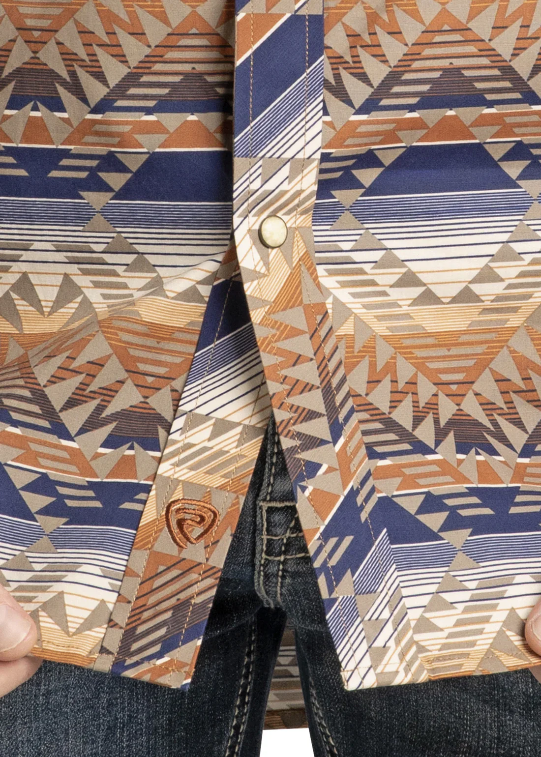Rock & Roll Denim Men's Slim Fit Tan & Blue Striped Aztec Long-Sleeve Snap Shirt - Image 3