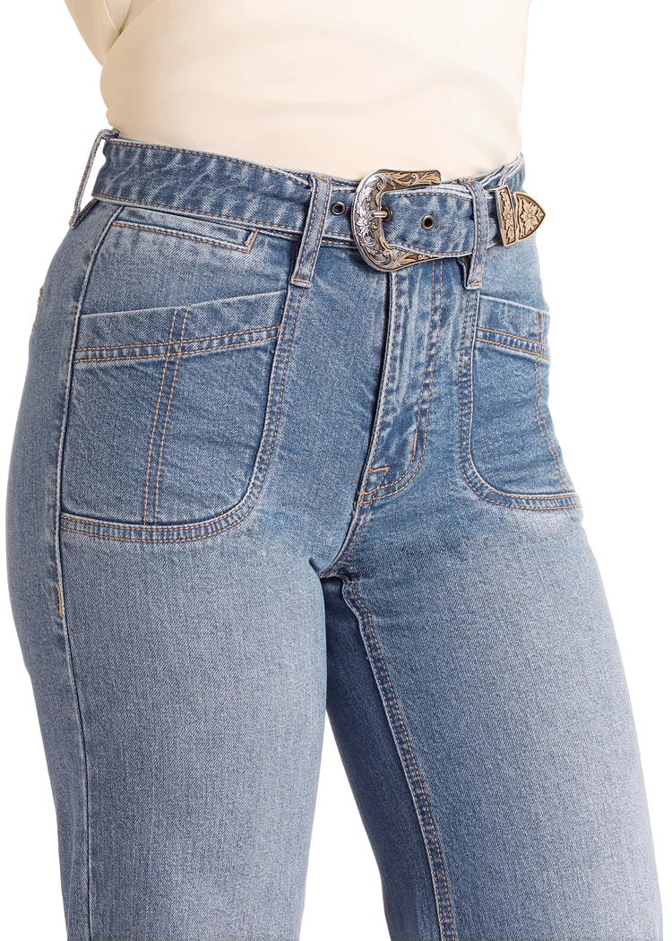 Rock & Roll Denim Women's High Rise Belted Relaxed Flare Jeans - Image 3