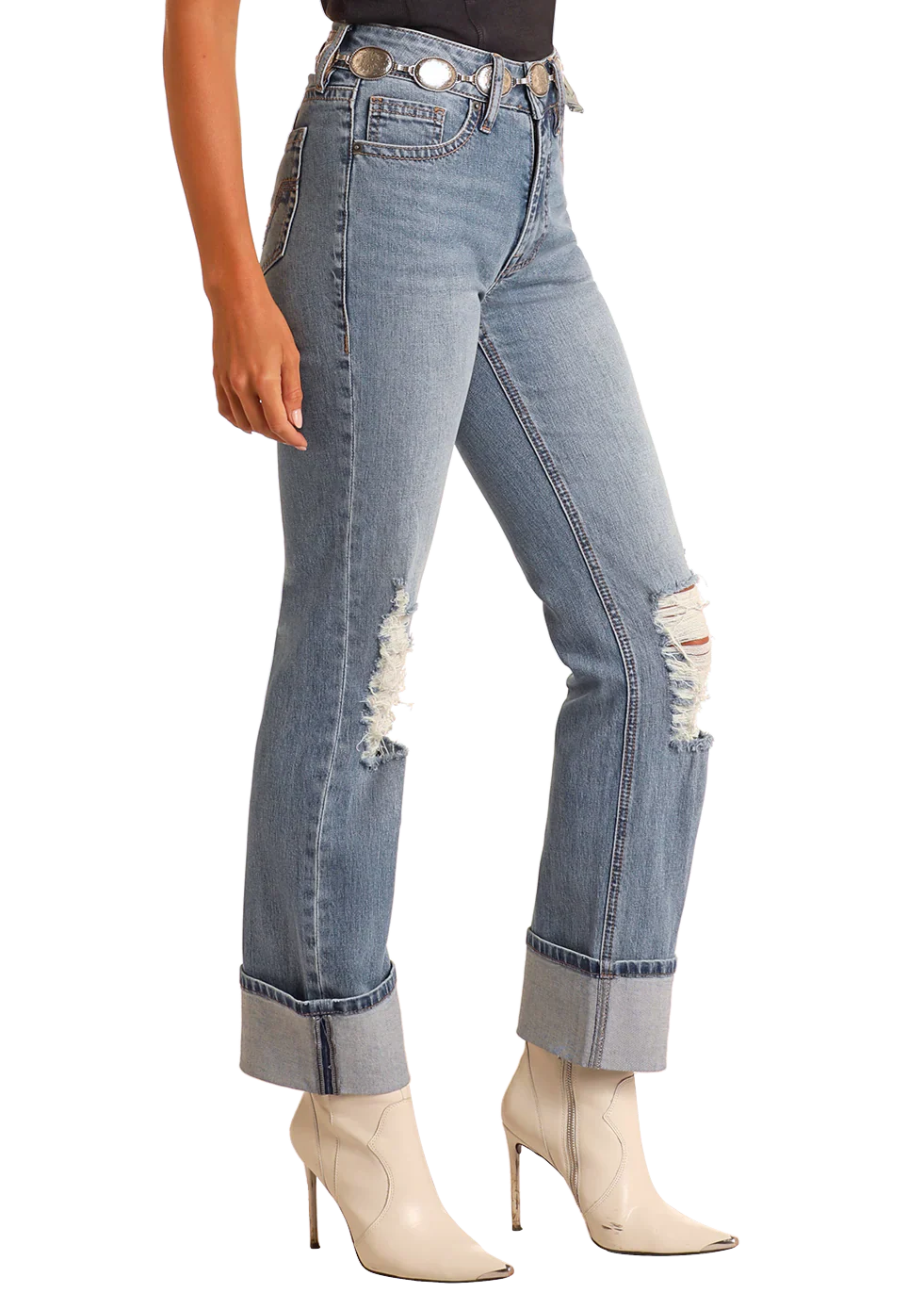 Rock & Roll Denim Women's Mid Rise Distressed Modest Bootcut Jeans - Image 3